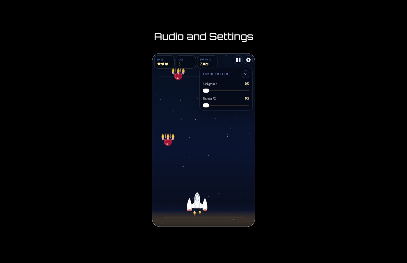 Cosmic Gunner audio and settings screen