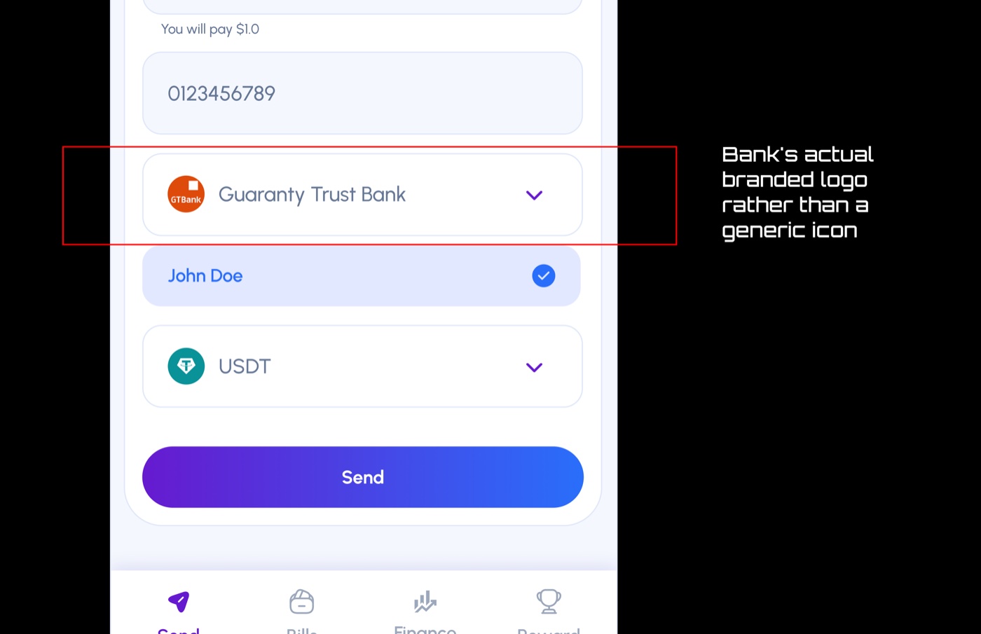 Pendax bank selector with GTBank logo
