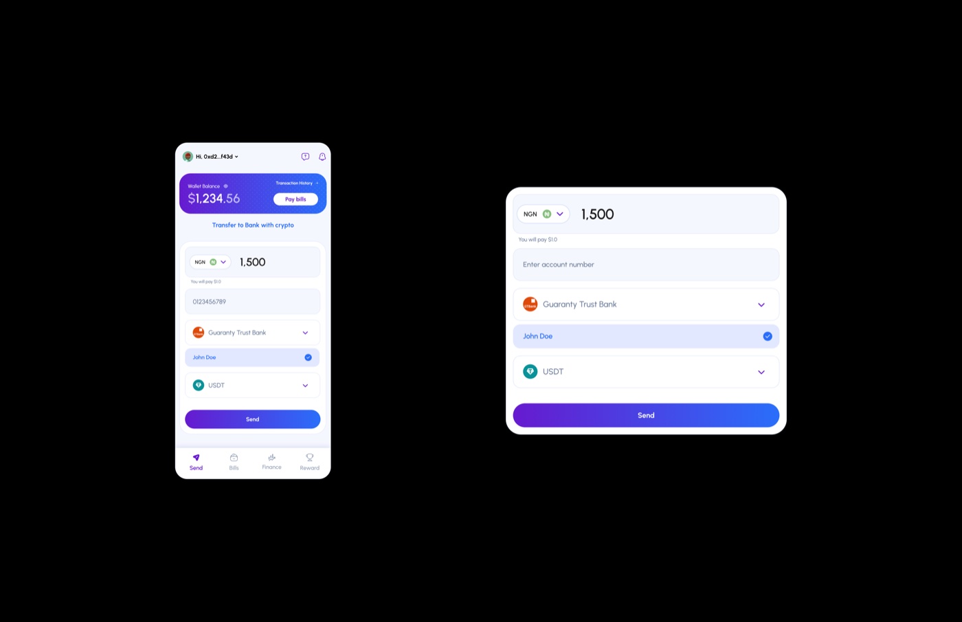 Pendax connected wallet transfer UI overview