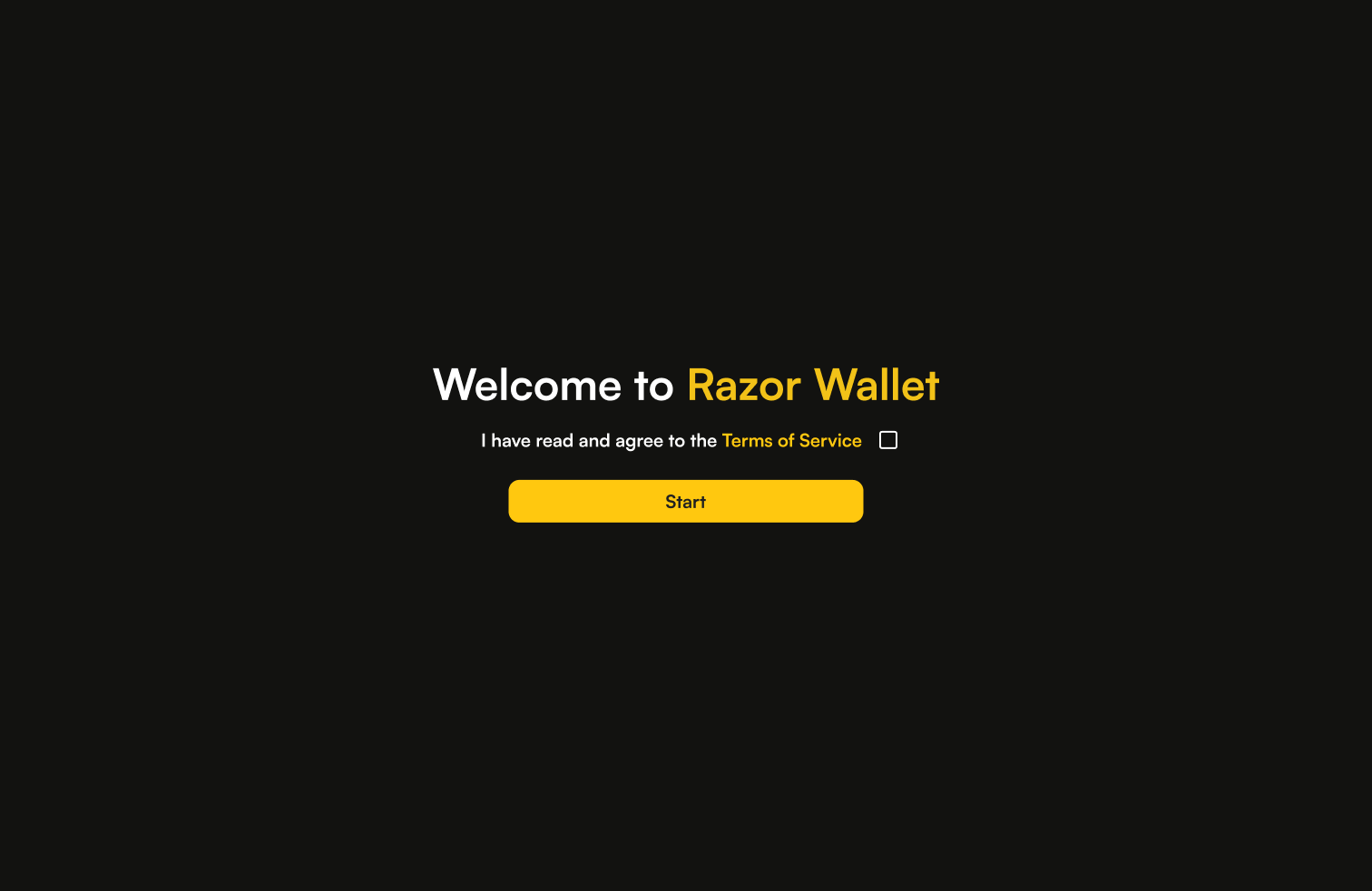 Razor Wallet splash screen and terms of service step