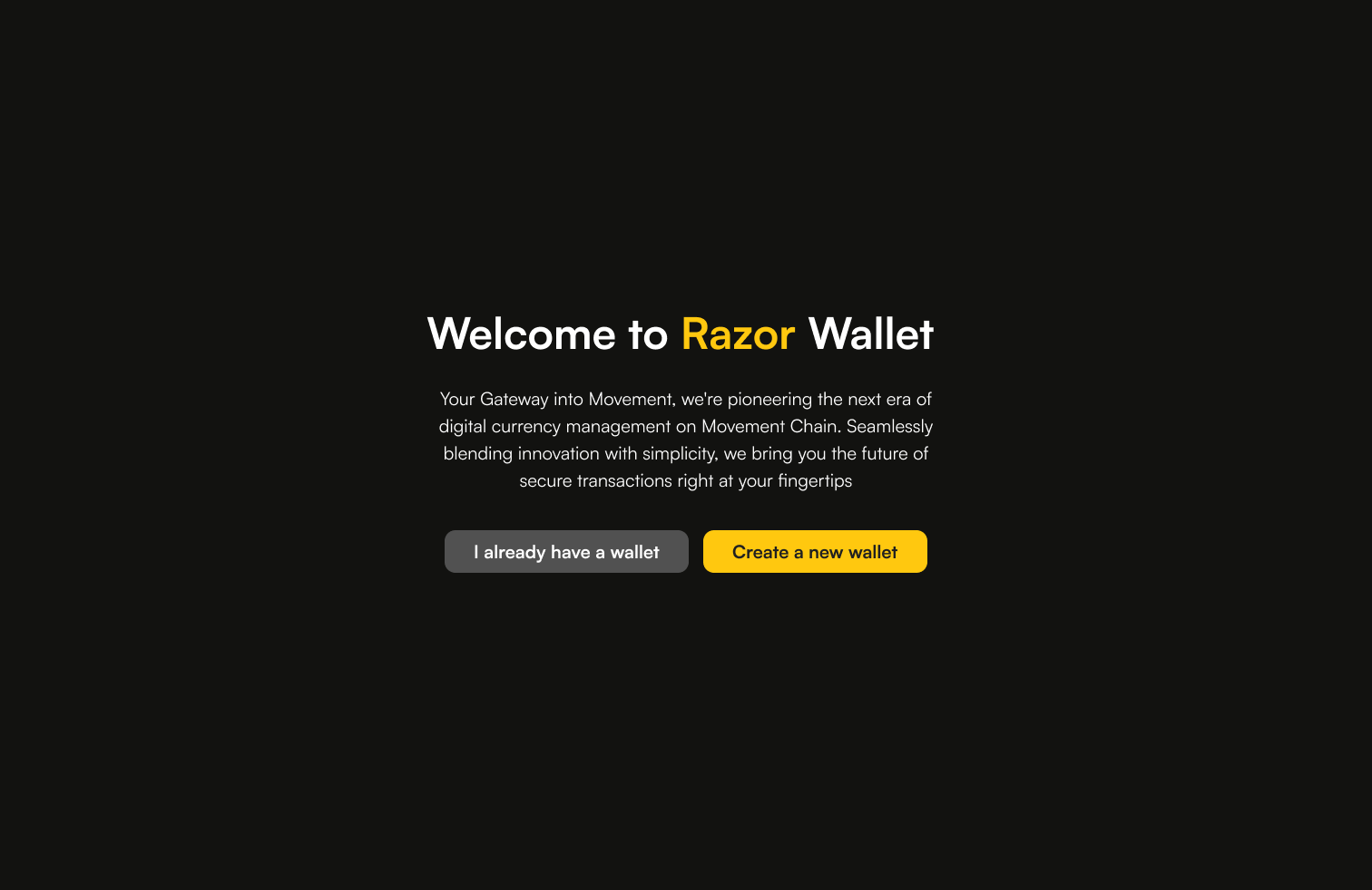 Razor Wallet welcome screen with wallet choice buttons