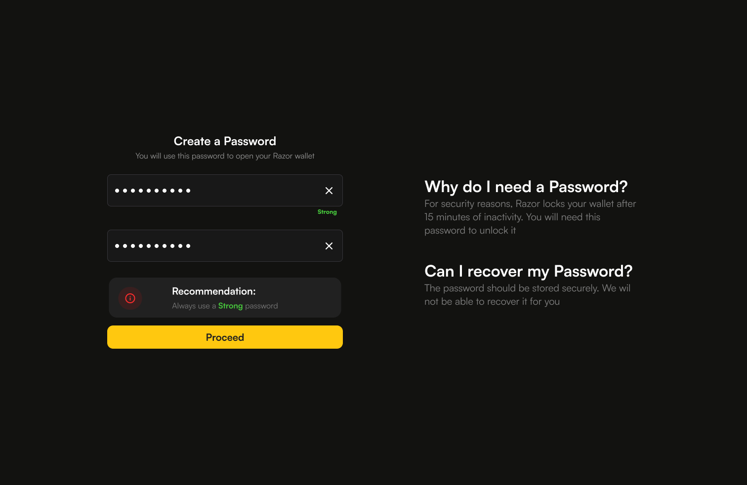 Razor Wallet password creation screen with security guidance