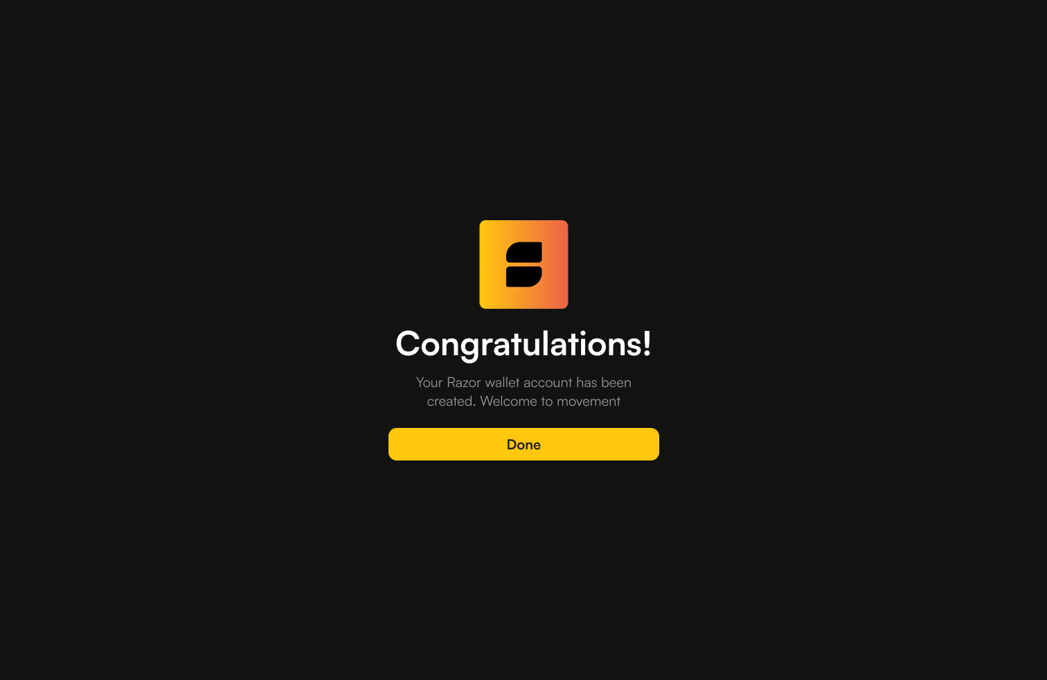 Razor Wallet completion screen confirming the wallet is ready